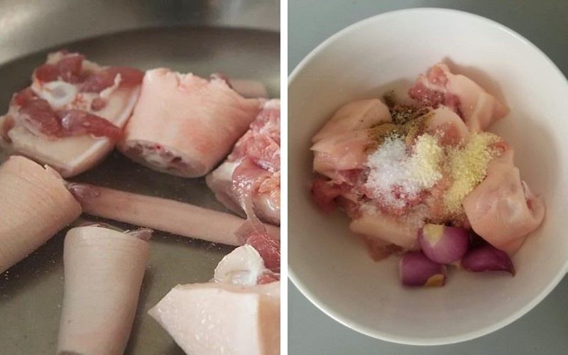 Đuôi heo được chặt nhỏ và ướp với gia vị