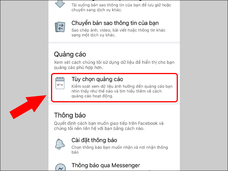 Chọn tùy chọn quảng cáo trong cài đặt Facebook