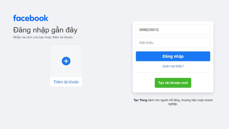 Giao diện đăng nhập gần đây của Facebook trên máy tính