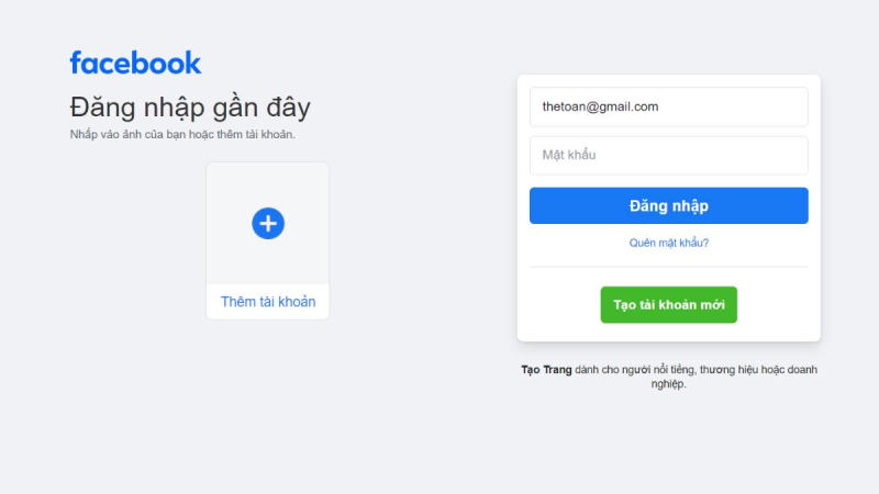 Giao diện đăng nhập Facebook trên máy tính