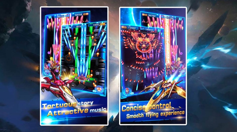 Gameplay bắn máy bay dọc màn hình với boss rực lửa