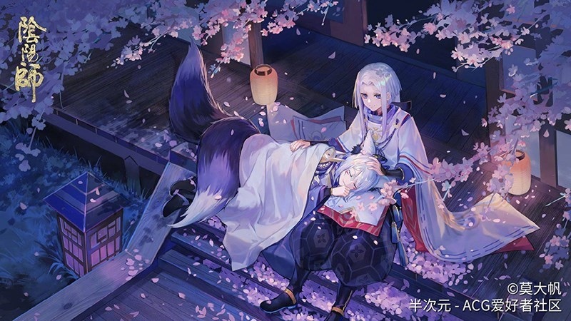 Cảnh anime Nhật Bản với nhân vật và hoa anh đào