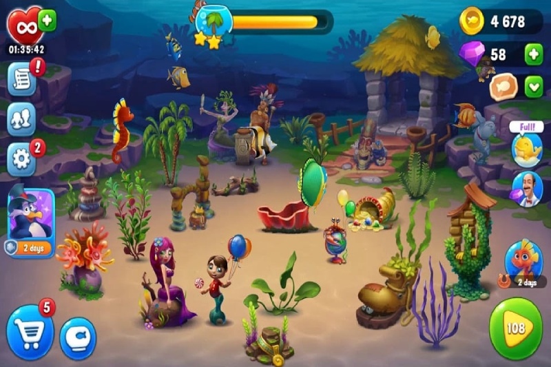 Thủy cung nhiều màu sắc trong game Fishdom