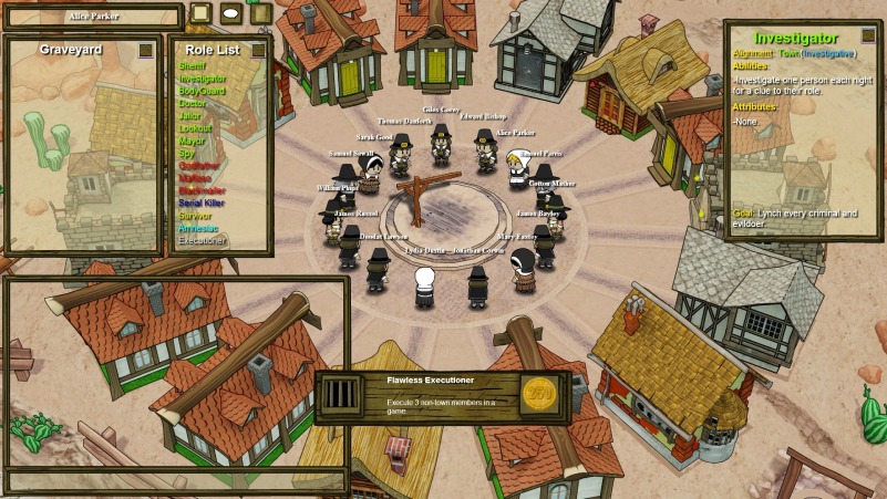 Màn hình chơi của Town of Salem với người chơi ngồi vòng tròn