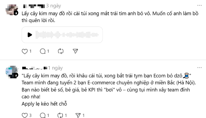 Một số nhóm tuyển dụng đu trend lấy cây kim may đồ