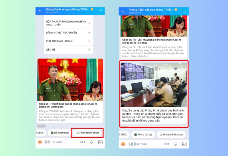 Chọn mục phản ánh vi phạm giao thông trên Zalo