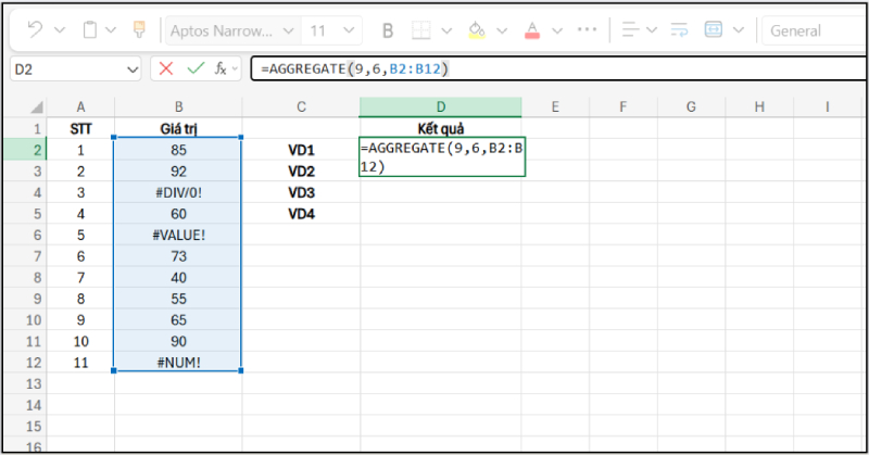 ví dụ AGGREGATE bỏ qua lỗi trong phạm vi dữ liệu