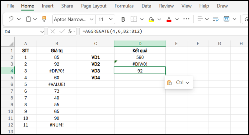 tìm giá trị lớn nhất vùng B2:B12 và bỏ qua lỗi