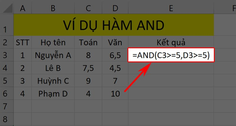Công thức hàm AND đánh giá điểm Toán và Văn