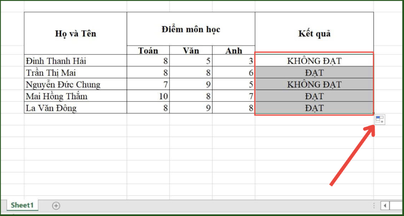 Kết quả ĐẠT KHÔNG ĐẠT dùng hàm AND