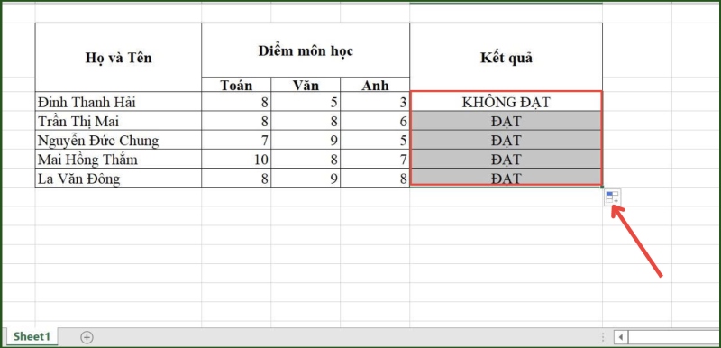 Kết quả ĐẠT KHÔNG ĐẠT dùng hàm AND kết hợp hàm IF