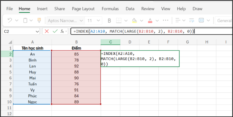 Hàm LARGE kết hợp INDEX MATCH để tìm điểm cao nhất