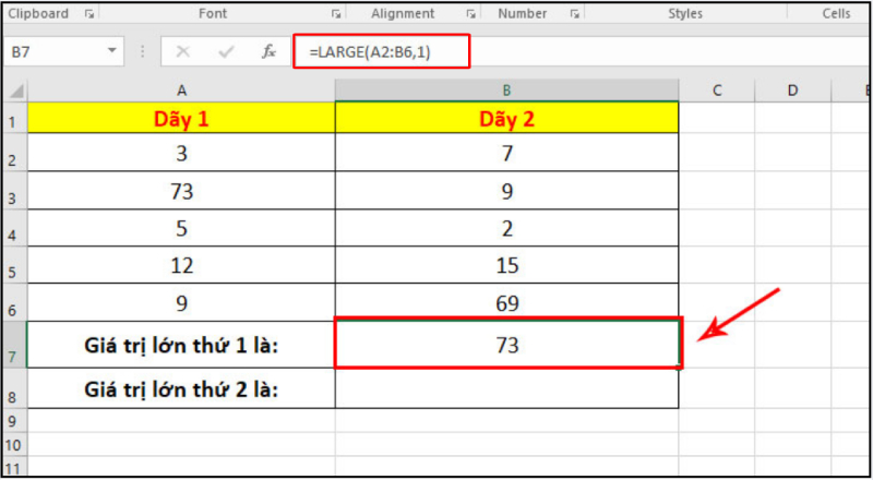 Ví dụ hàm LARGE tìm giá trị lớn nhất trong dãy số Excel