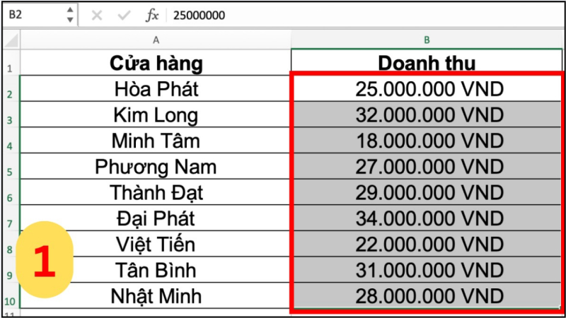 Chọn cột doanh thu để áp dụng hàm LARGE trong Excel