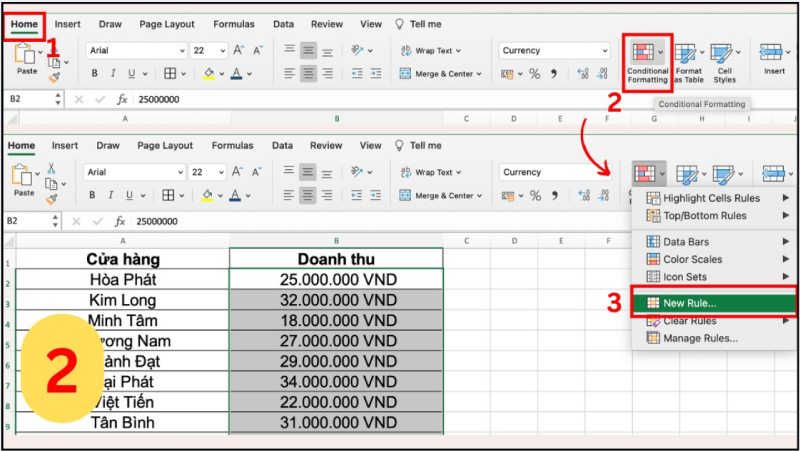 Mở Conditional Formatting tạo quy tắc mới