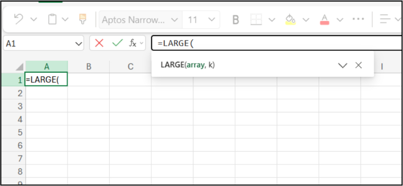 Cú pháp hàm LARGE trong Excel với gợi ý công thức