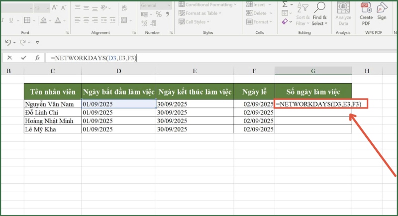 Sử dụng hàm NETWORKDAYS tính ngày làm bao gồm ngày lễ
