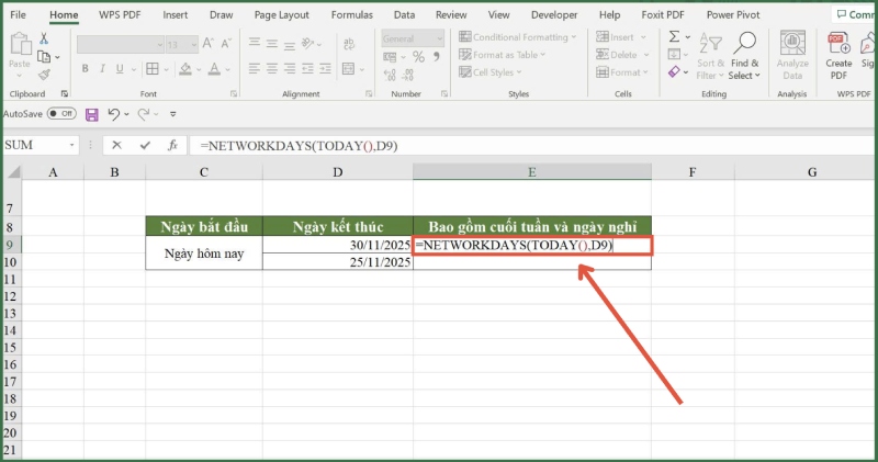 NETWORKDAYS với hàm TODAY