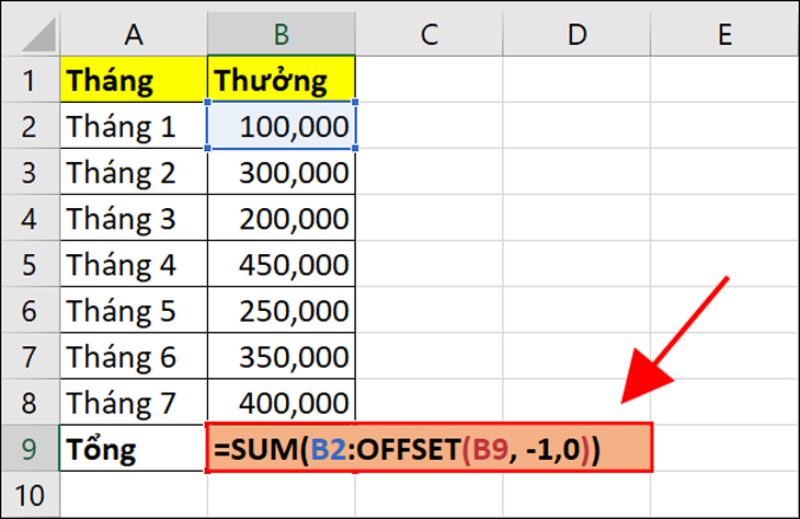 Hàm SUM kết hợp với hàm OFFSET