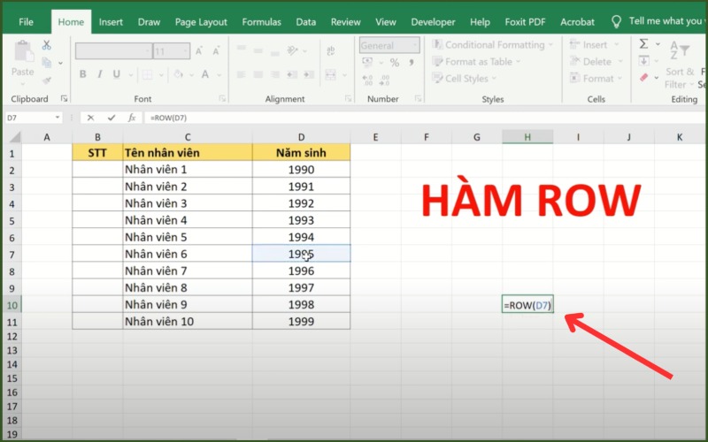 Sử dụng hàm ROW để tham chiếu dữ liệu