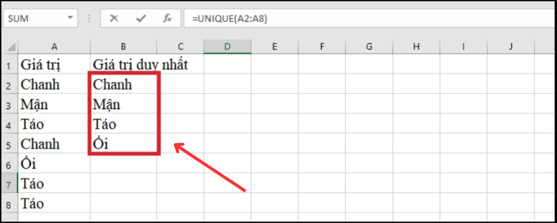 Kết quả lọc những giá trị duy nhất trong Excel