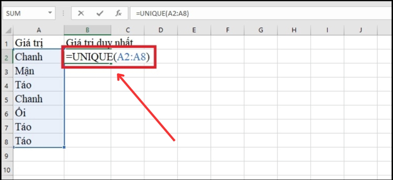 Công thức UNIQUE lọc dữ liệu