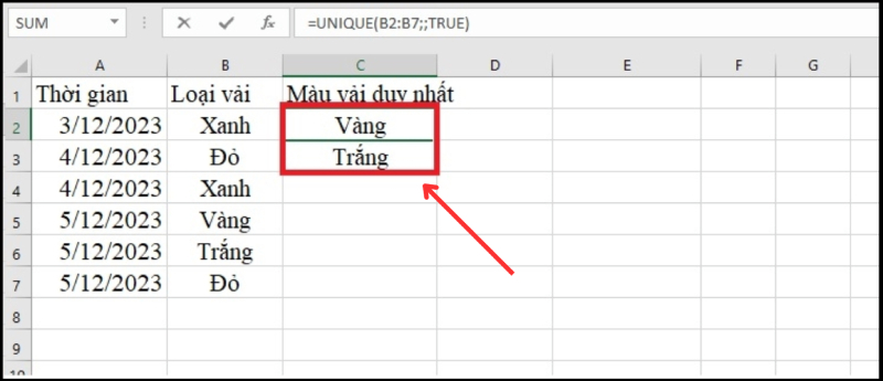 UNIQUE trả về kết quả màu vải duy nhất
