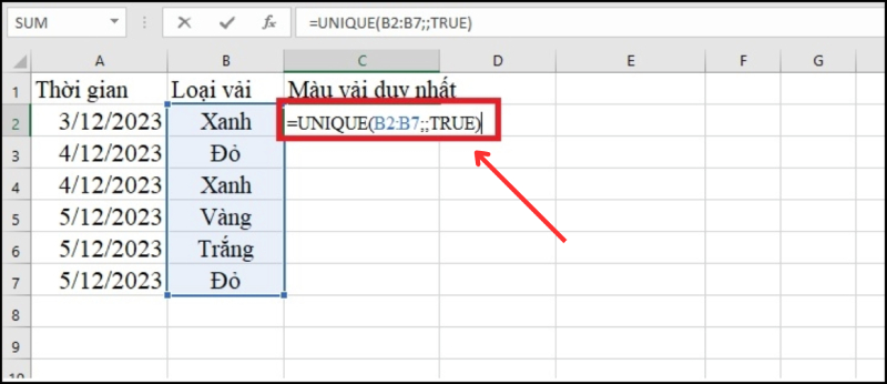 Dùng hàm UNIQUE để lọc giá trị xuất hiện duy nhất một lần