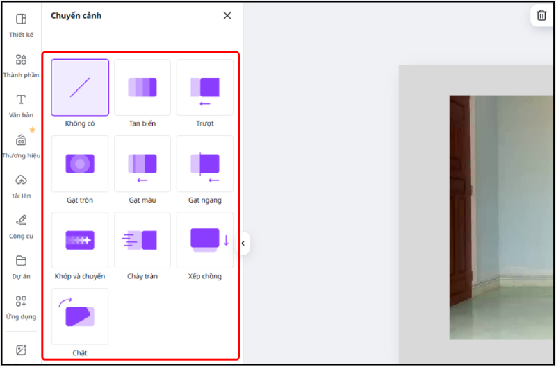 Chọn kiểu chuyển cảnh Morph trong bảng hiệu ứng Canva