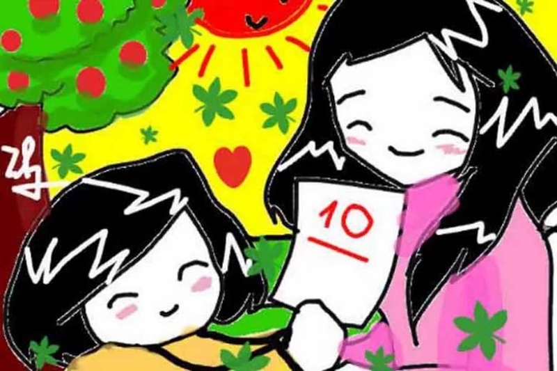 Tranh tô màu 20/11 học sinh khoe điểm 10 với cô giáo