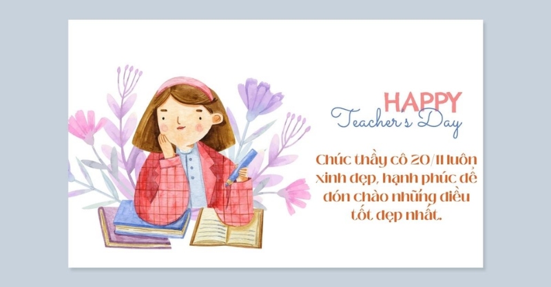 Hình ảnh 20/11 cô giáo trẻ ngồi bên sách vở và hoa chúc mừng Teacher’s Day