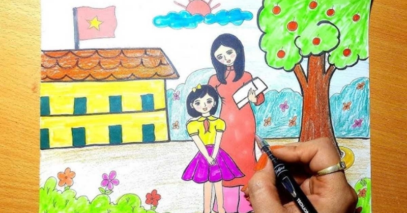 hình tô màu 20/11 cô và học sinh