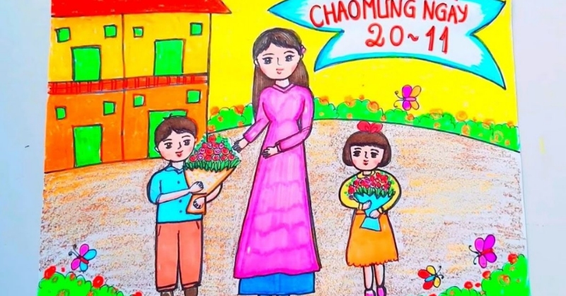 tranh tô màu 20/11 học sinh tặng hoa cô giáo