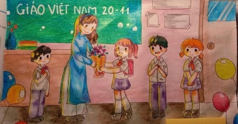 Tranh tô màu học sinh chúc mừng cô giáo