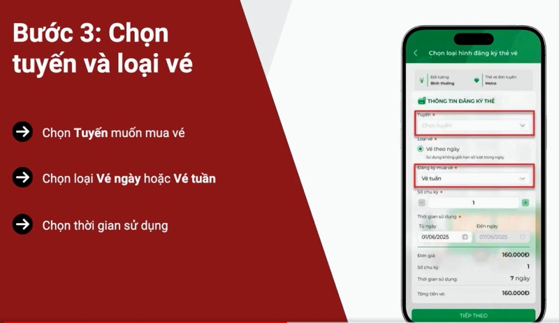 Chọn tuyến mua vé, loại vé và thời gian sử dụng