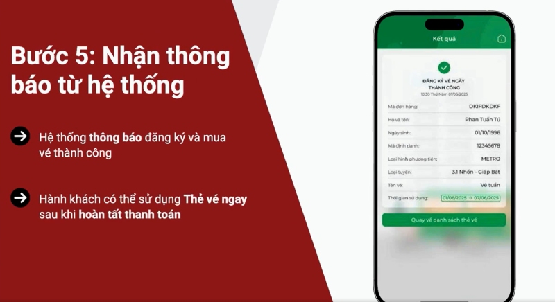 Màn hình xác nhận đăng ký vé Metro thành công từ hệ thống
