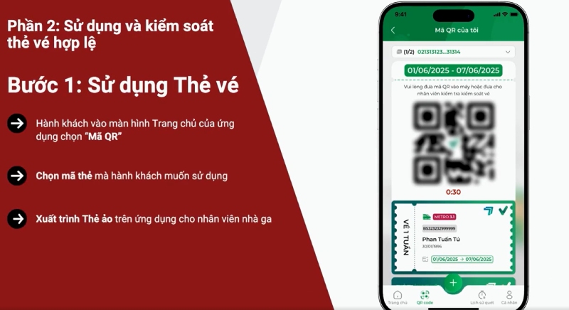 Thẻ vé điện tử dạng QR được xuất trình trên ứng dụng khi đi tàu điện