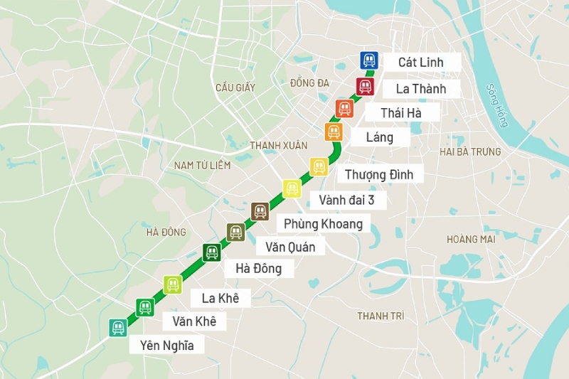Bản đồ chi tiết tuyến 2A Cát Linh – Hà Đông với 12 nhà ga chính