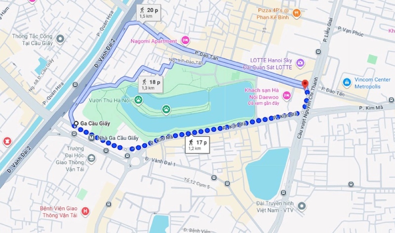 Bản đồ ga Cầu Giấy, đi bộ 1,2 km tới nút giao quan sát diễu binh