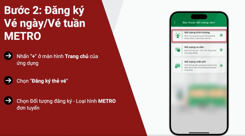Các bước đăng ký vé ngày/tuần hoặc vé tuần Metro ngay trên ứng dụng
