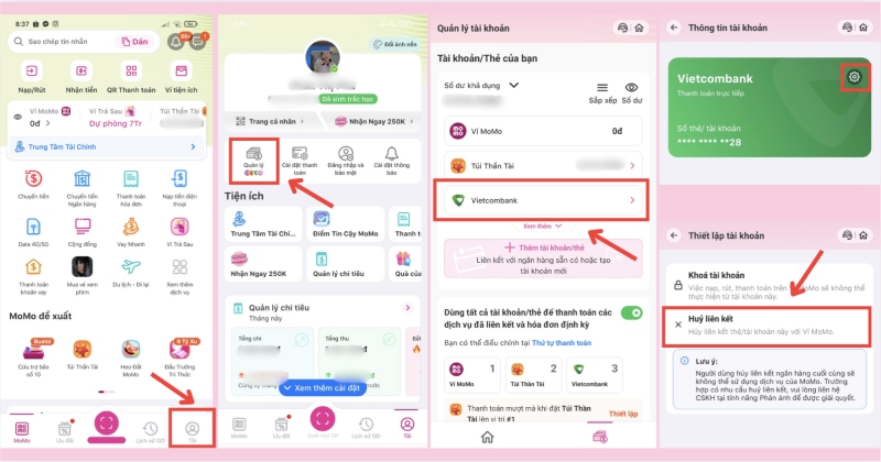 Các bước hủy liên kết ngân hàng trong ứng dụng MoMo