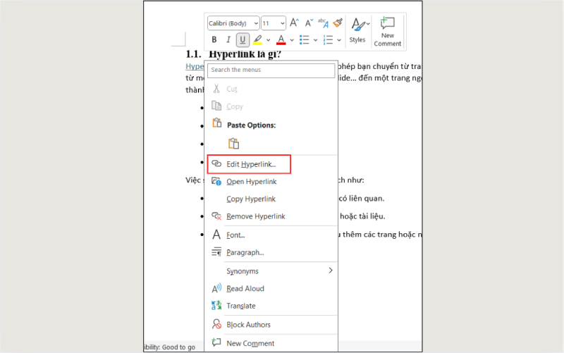 Chọn Edit Hyperlink từ menu chuột phải