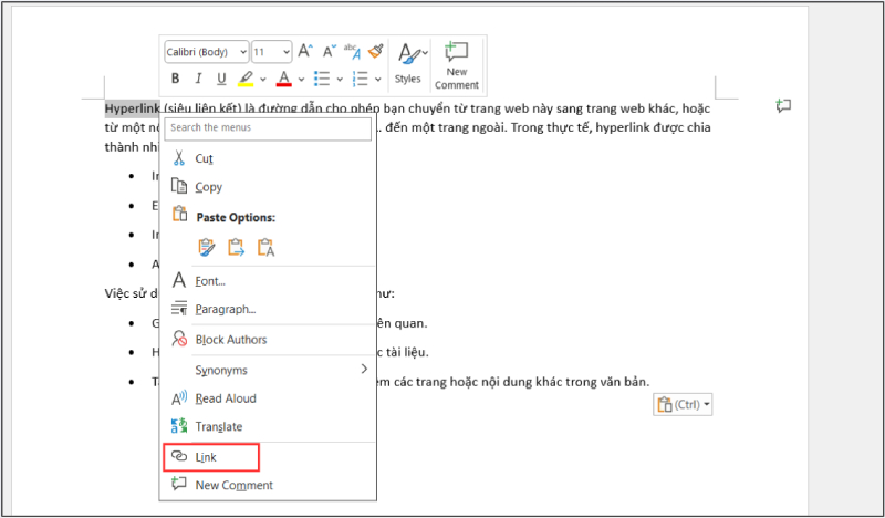 Mở menu chuột phải và chọn Link trong Word