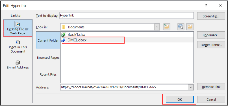 Chọn file tạo liên kết trong cửa sổ Edit Hyperlink