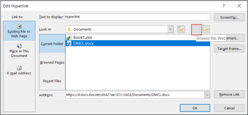 Chọn Browse the Web khi tạo hyperlink