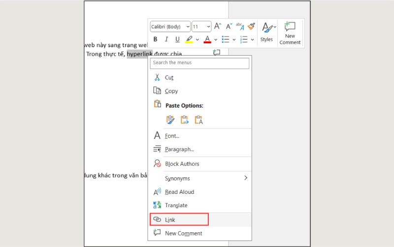 Chọn Link từ menu chuột phải trong Word