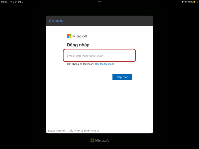 Màn hình đăng nhập tài khoản Microsoft trên iPad