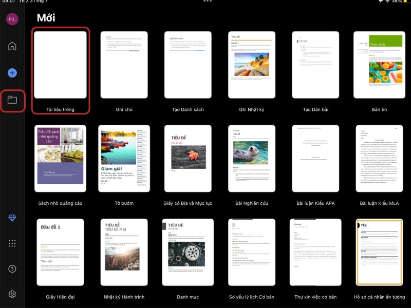 Giao diện tạo tài liệu mới trong Word trên iPad