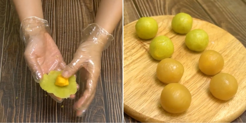 cho nhân vào giữa vỉ và nặn thành viên tròn