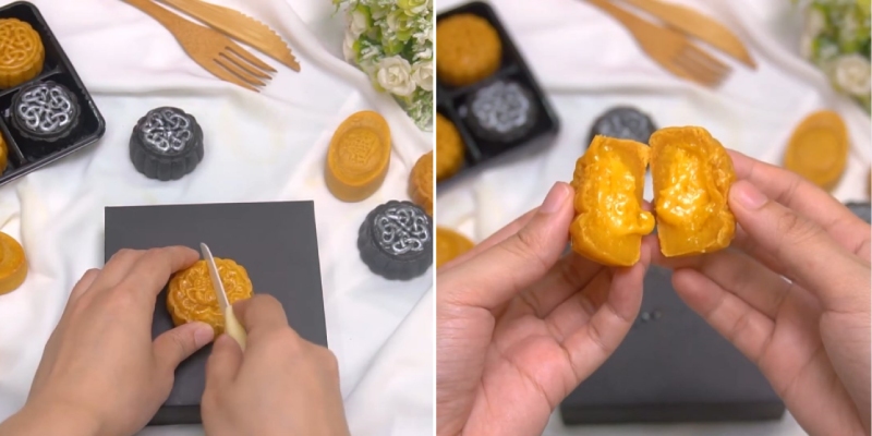 Cắt bánh trung thu để lộ phần nhân bên trong